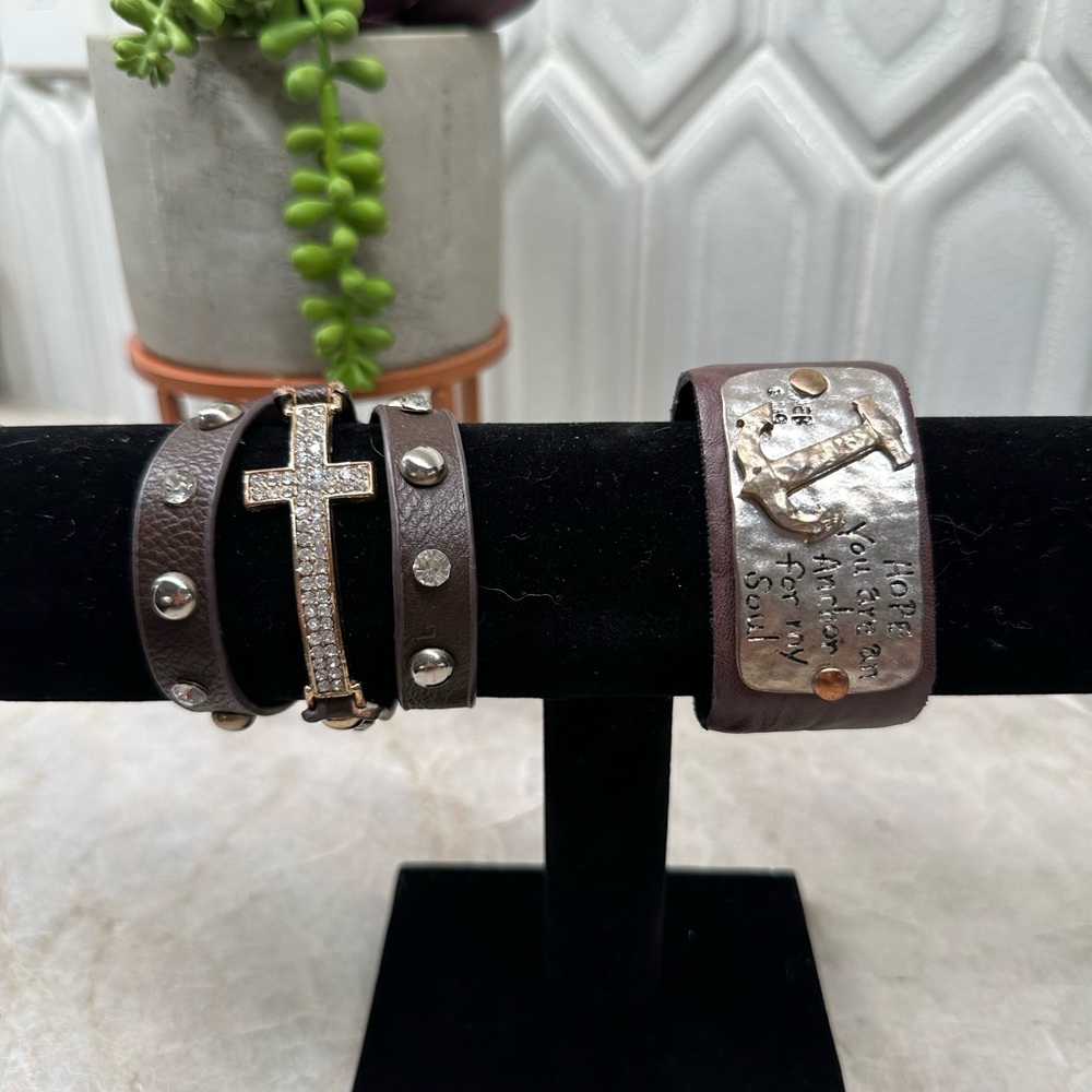 2 - Brown Leather Look Bracelets with Faith  Cross and Anchor Set